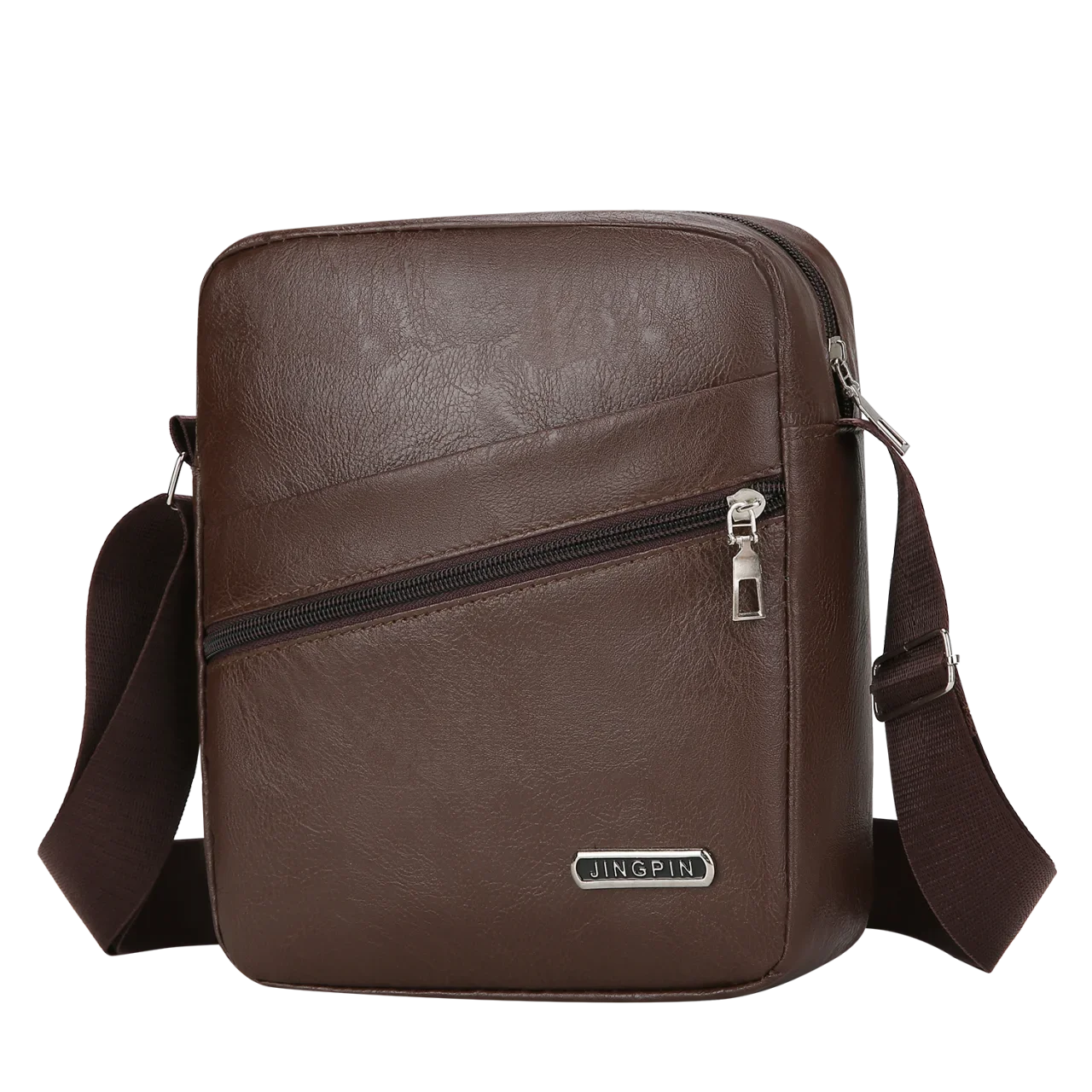Black polyester crossbody bag offering surprising storage capacity in sleek silhouette