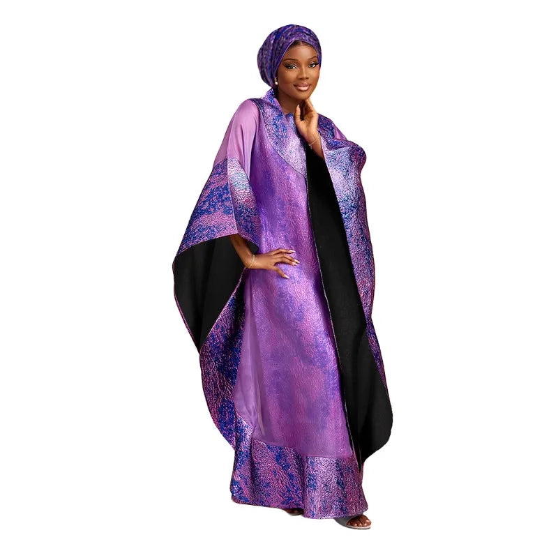 Summer-weight pink polyester robe and headscarf featuring luxurious jacquard weaving pattern