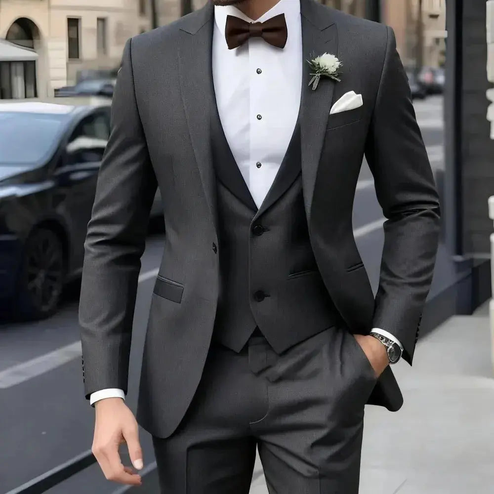 Model wearing the tailored jacquard suit, exuding confidence at a professional event.