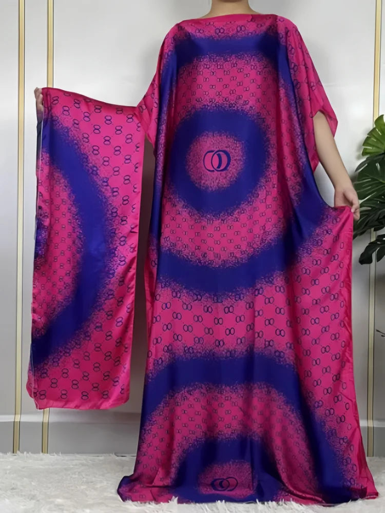 African Printed Silk Muslim Kaftan Hijab Long Dress