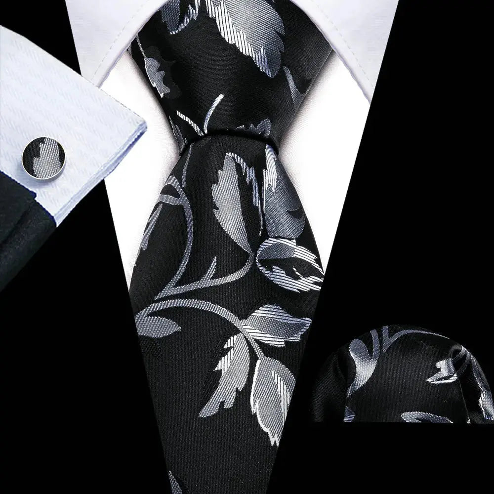 Timeless black silk tie with cufflinks for business attire