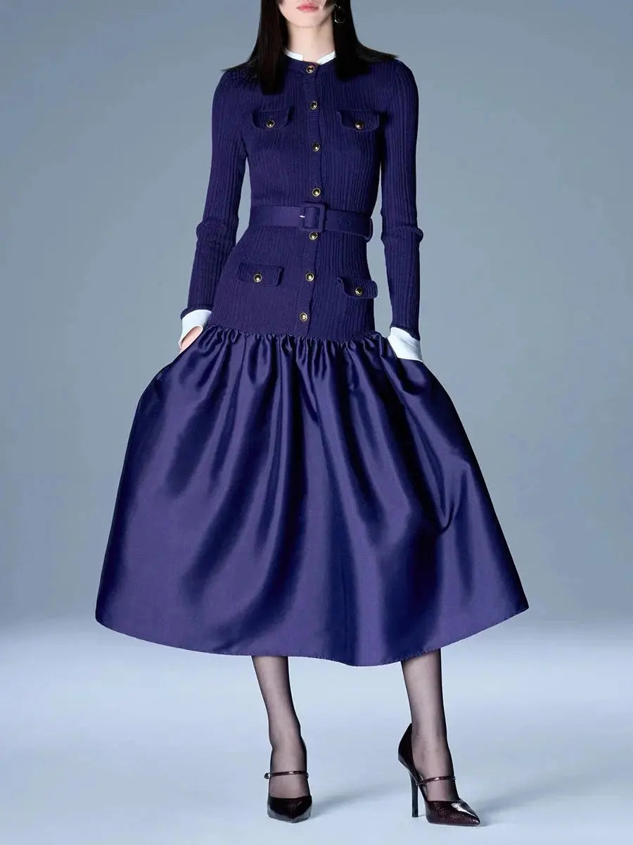 Close-up of button details on the chic knit dress showcasing bespoke elegance.