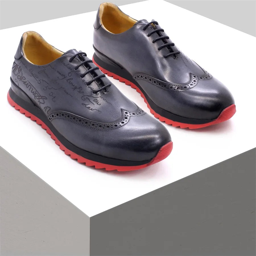 Handmade leather brogue lace-up shoes for men in classic black with intricate totem detailing