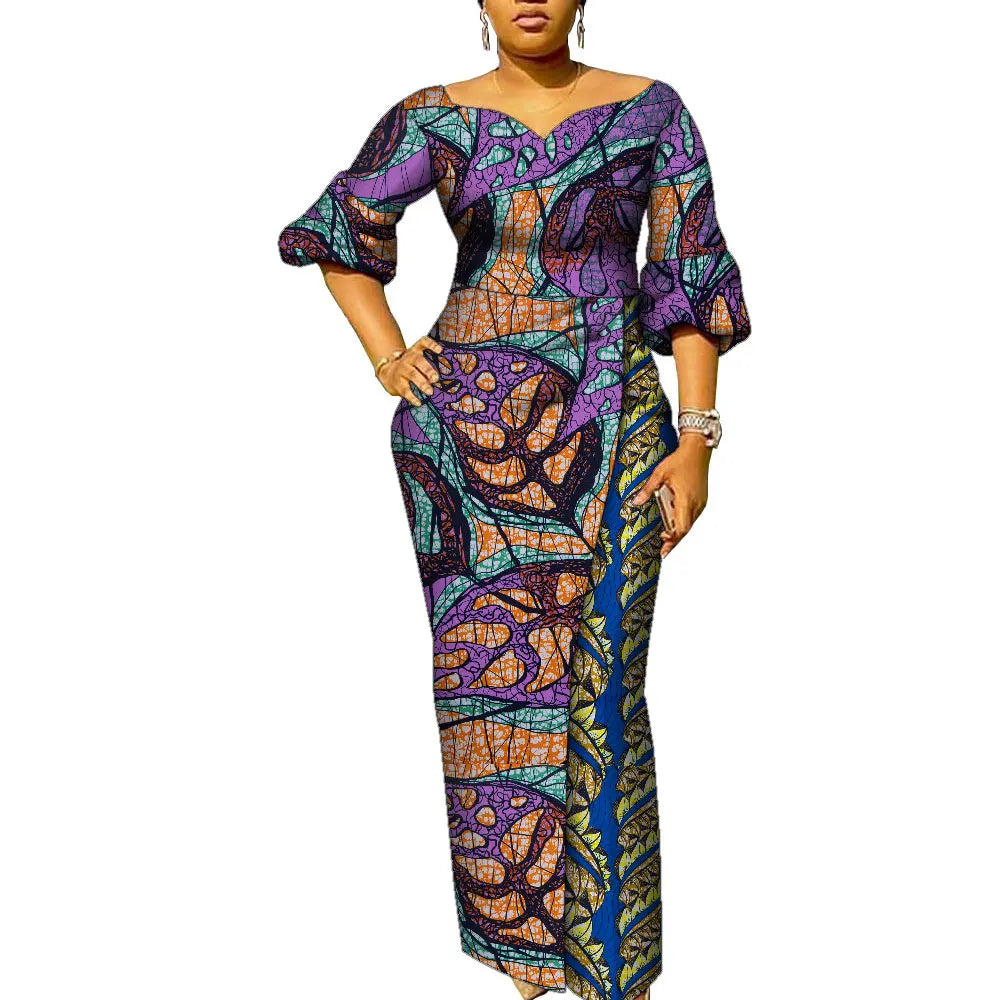 African Dresses for Women Patchwork Ankara Dress Lantern Sleeves Maxi Dress Women Party Dress Lady African Clothes WY9937