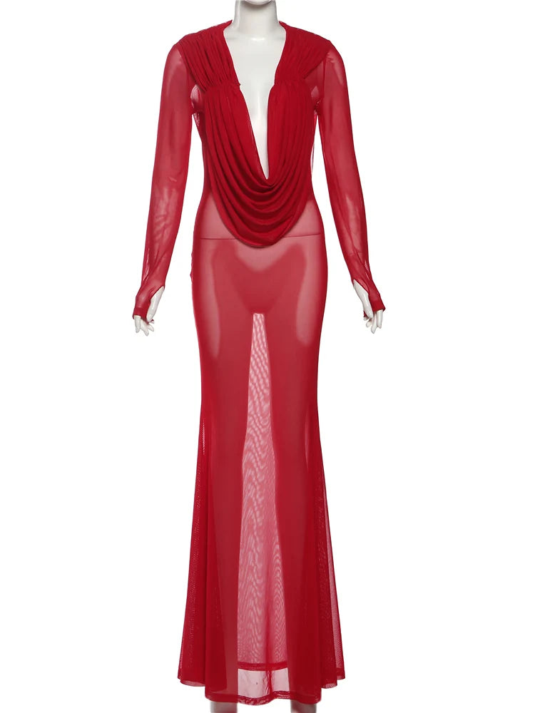 Back view of the dress highlighting the ruching detail and swing collar design.