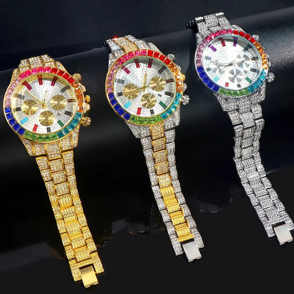 Iced-out watch with a shimmering face, reflecting light and capturing attention.