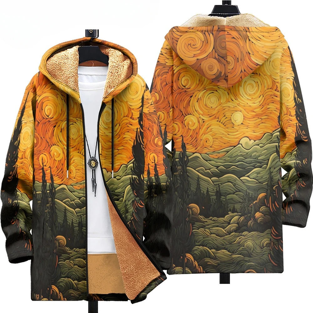 Stylish abstract print puffer with hood, deep pockets, and soft plush fabric