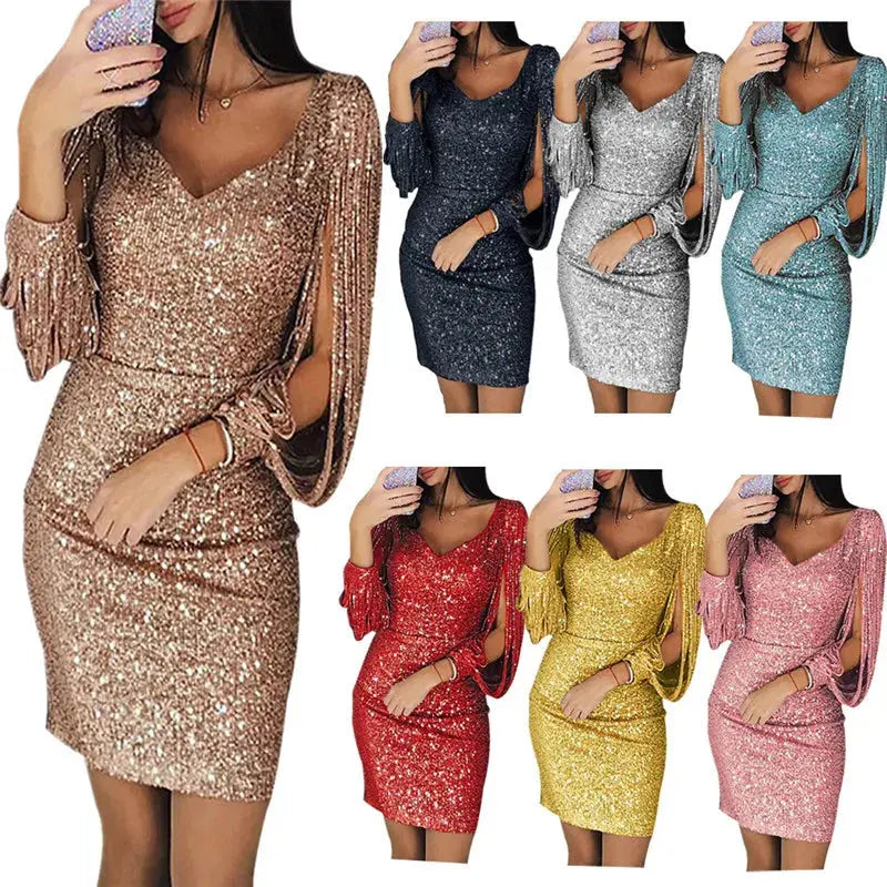 Midnight Shimmer plus-size sequin mini dress with ruched design and v-neckline.