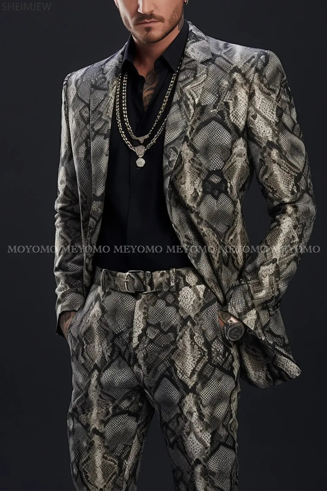 Back view of the crocodile-patterned suit, emphasizing its tailored design and comfortable fit for versatile wear.