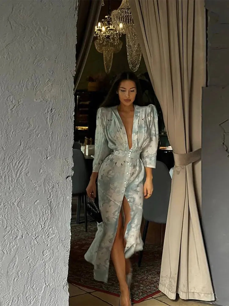 Versatile ladies dress with stunning print design, ideal for beach parties or sophisticated evenings.