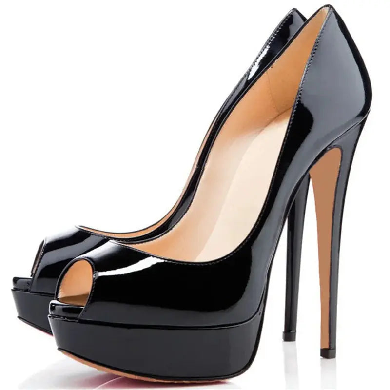 Nude patent leather platform stiletto heels with peep toe design on white background