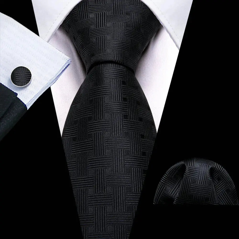 Complete black silk tie set for weddings and formal events