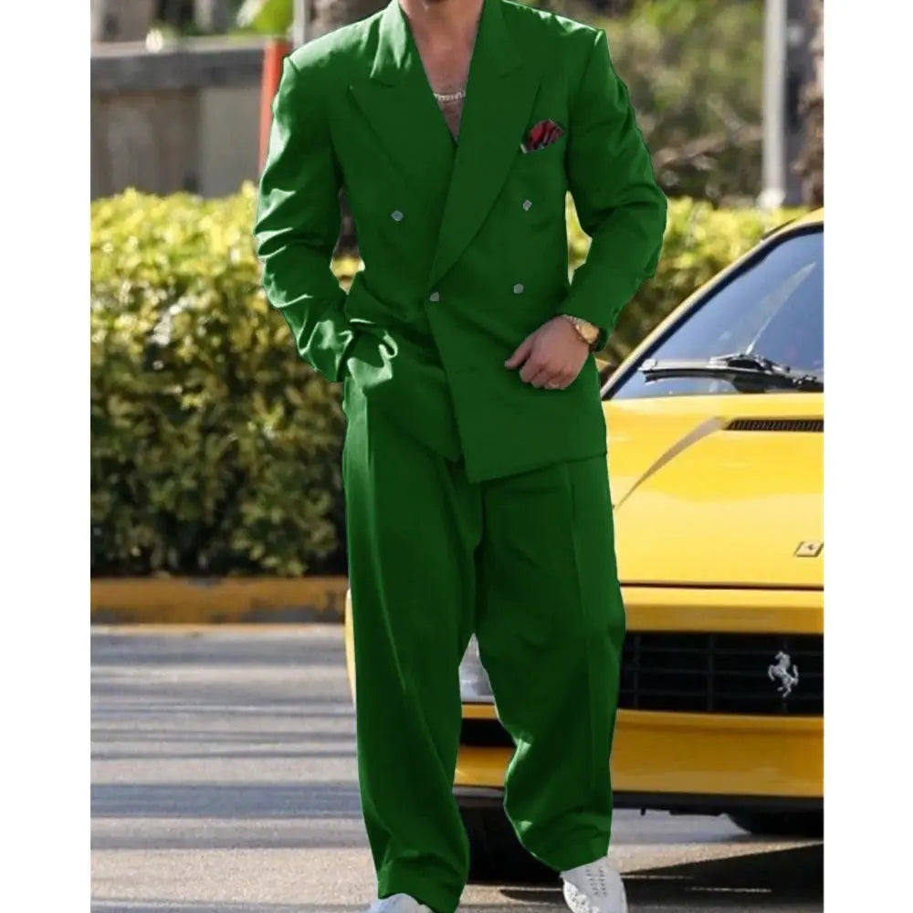 Back view of the double-breasted wedding suit, emphasizing its classic design.