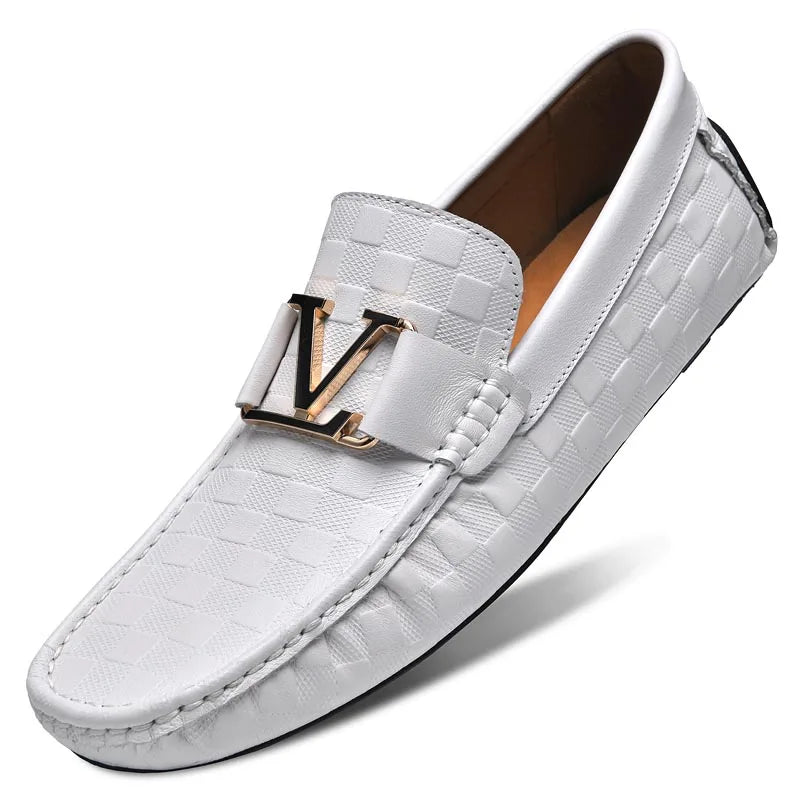 Professional men's loafers with crocodile pattern texture in classic navy blue