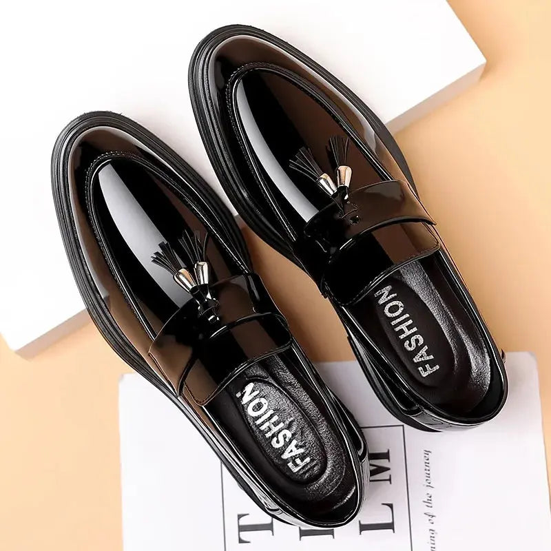 Close-up of premium faux leather texture on stylish black shoes, showcasing timeless British design.