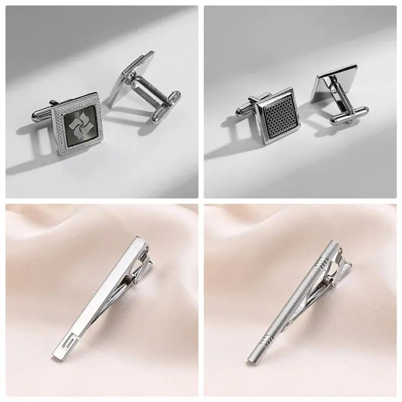 Elegant tie clip and cufflinks set presented in a stylish gift box.