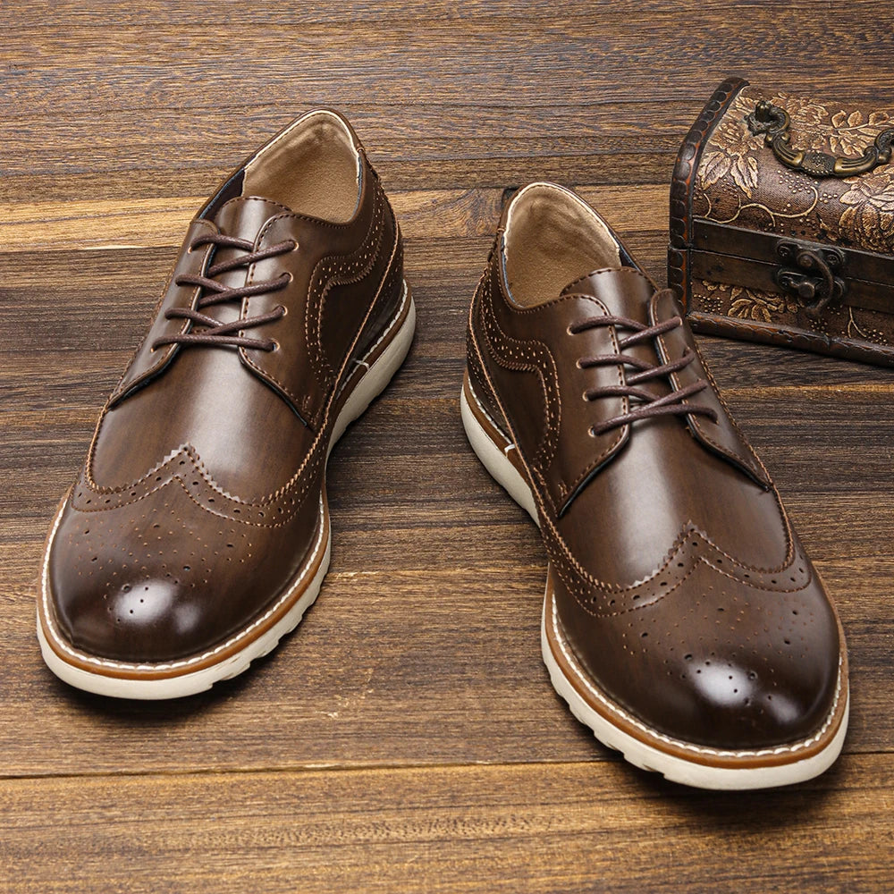 Classic brown brogue casual shoes with traditional wingtip detailing and breathable lace-up design on white background