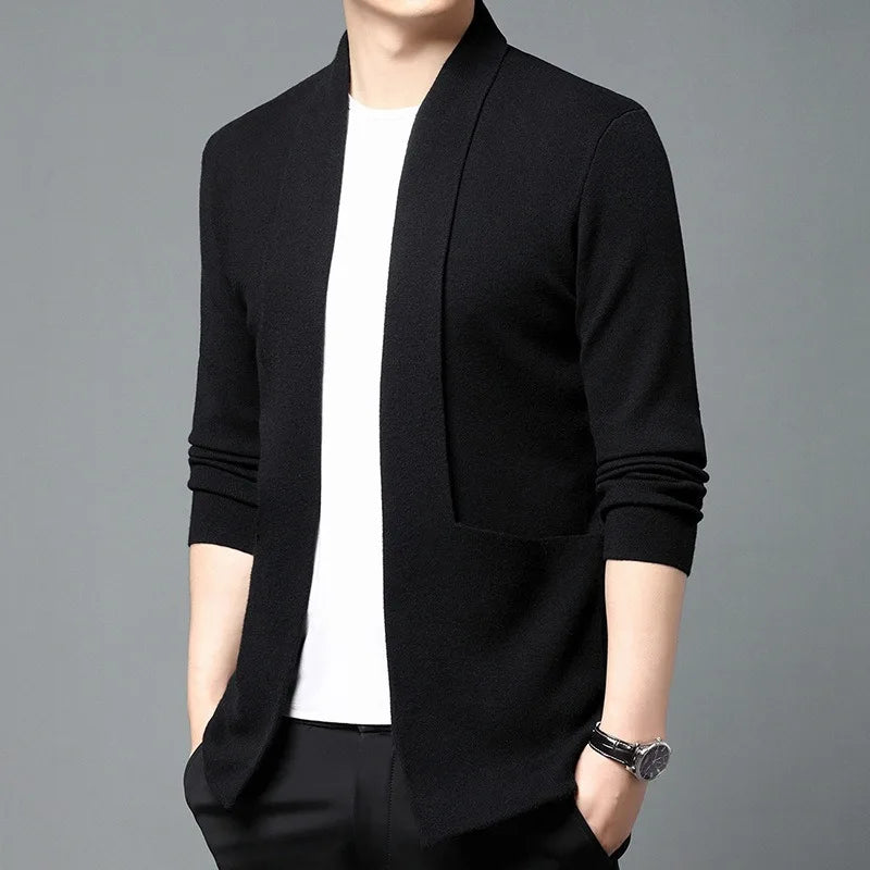 Men's cardigan in soft gray with argyle pattern, perfect for winter warmth and style.