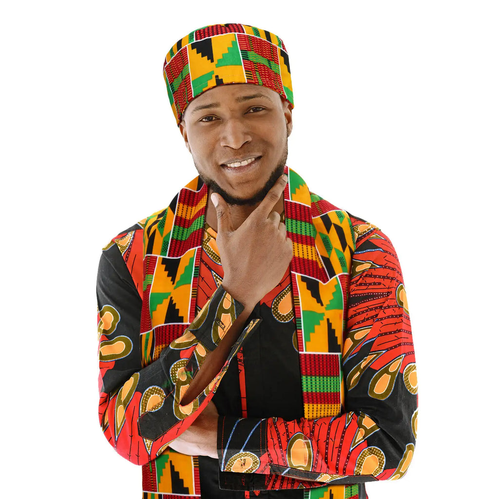 African Kente Pattern Kufi Hat & Stole Sash Shawl