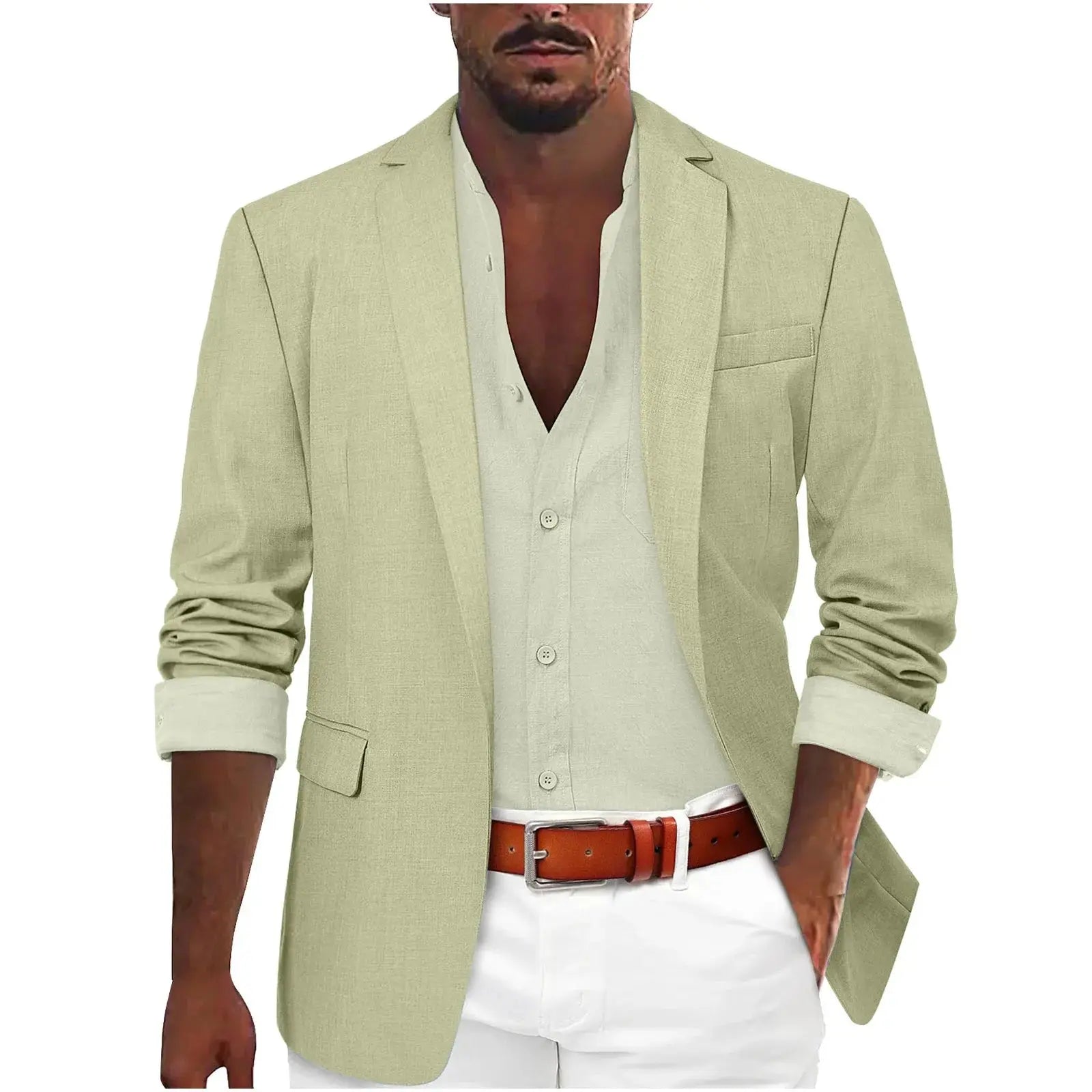 Navy blazer displayed on hanger, highlighting its sophisticated design.