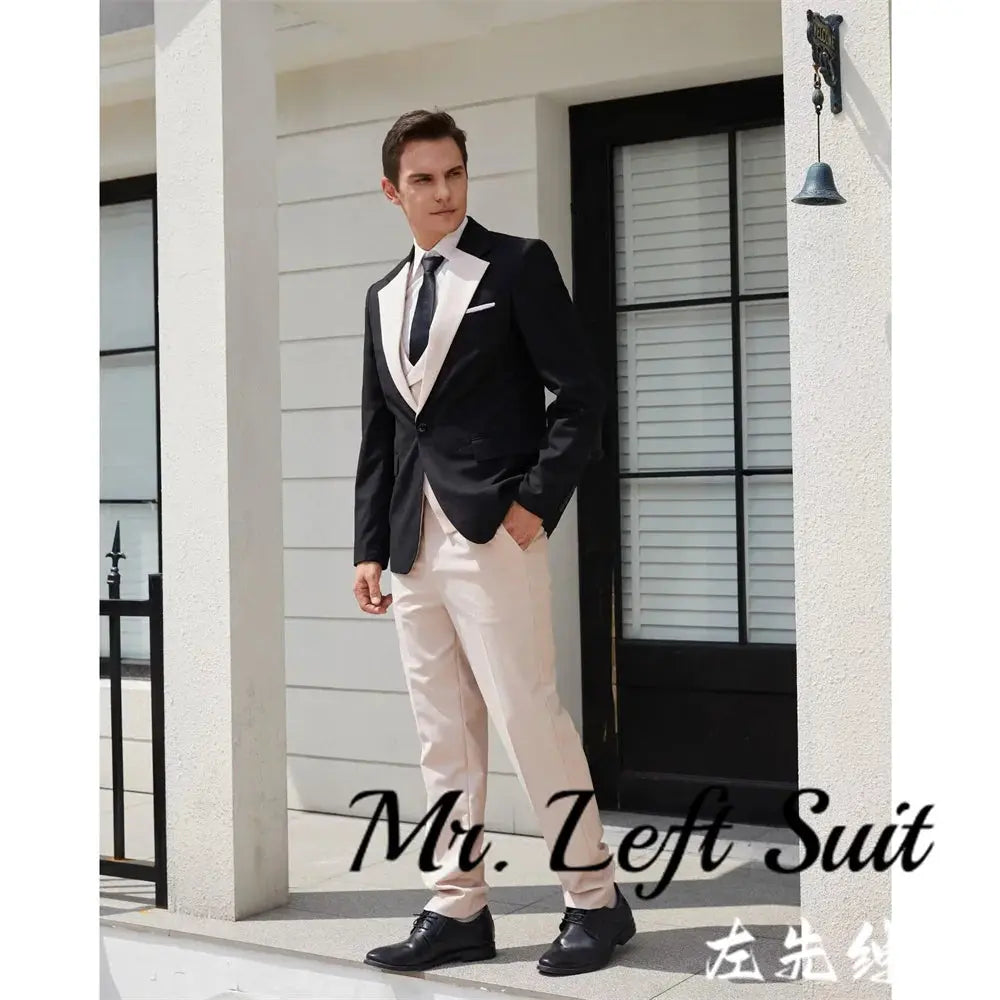 Close-up of the single-breasted closure on the sharp tailored suit set.
