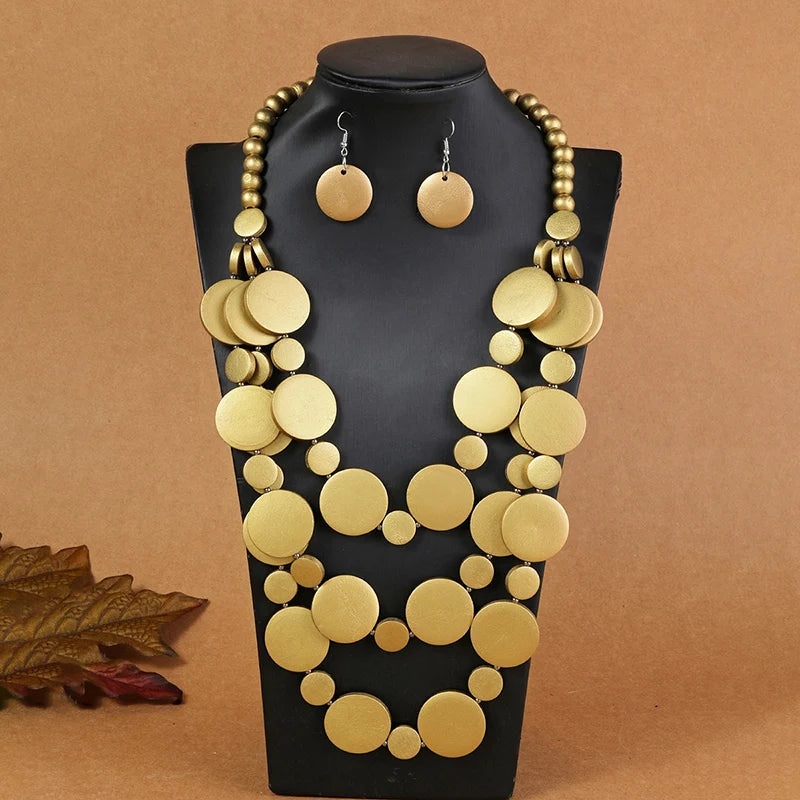 African Wedding Party Wooden Beads Necklace & Earring Jewelry Set