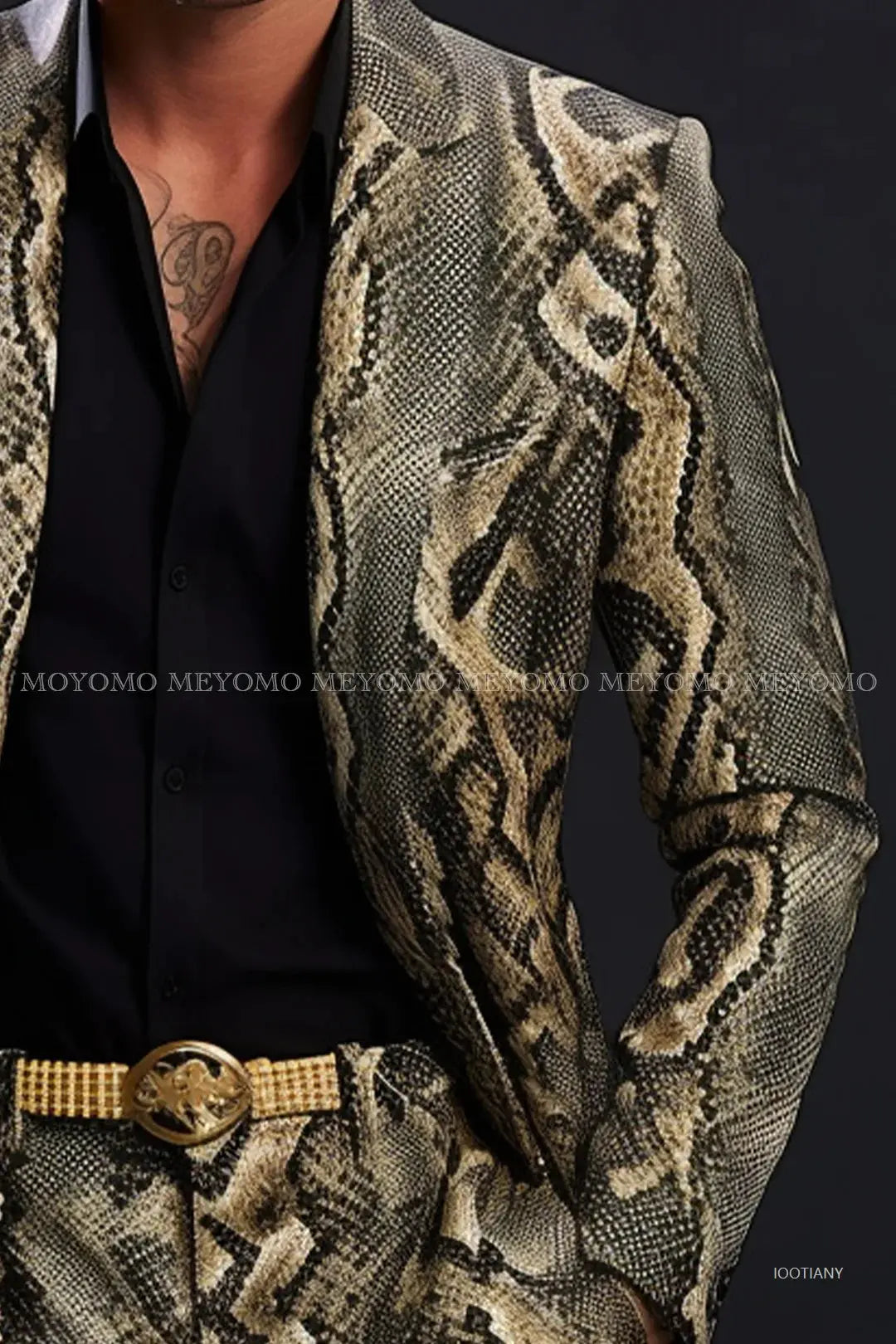 Man wearing bold reptilian print two-piece suit perfect for performances, nightclubs, and formal events