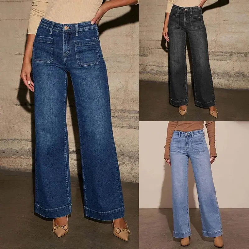 High-waisted wide-leg Retro Chic Jeans in classic blue denim, perfect for casual chic outfits.