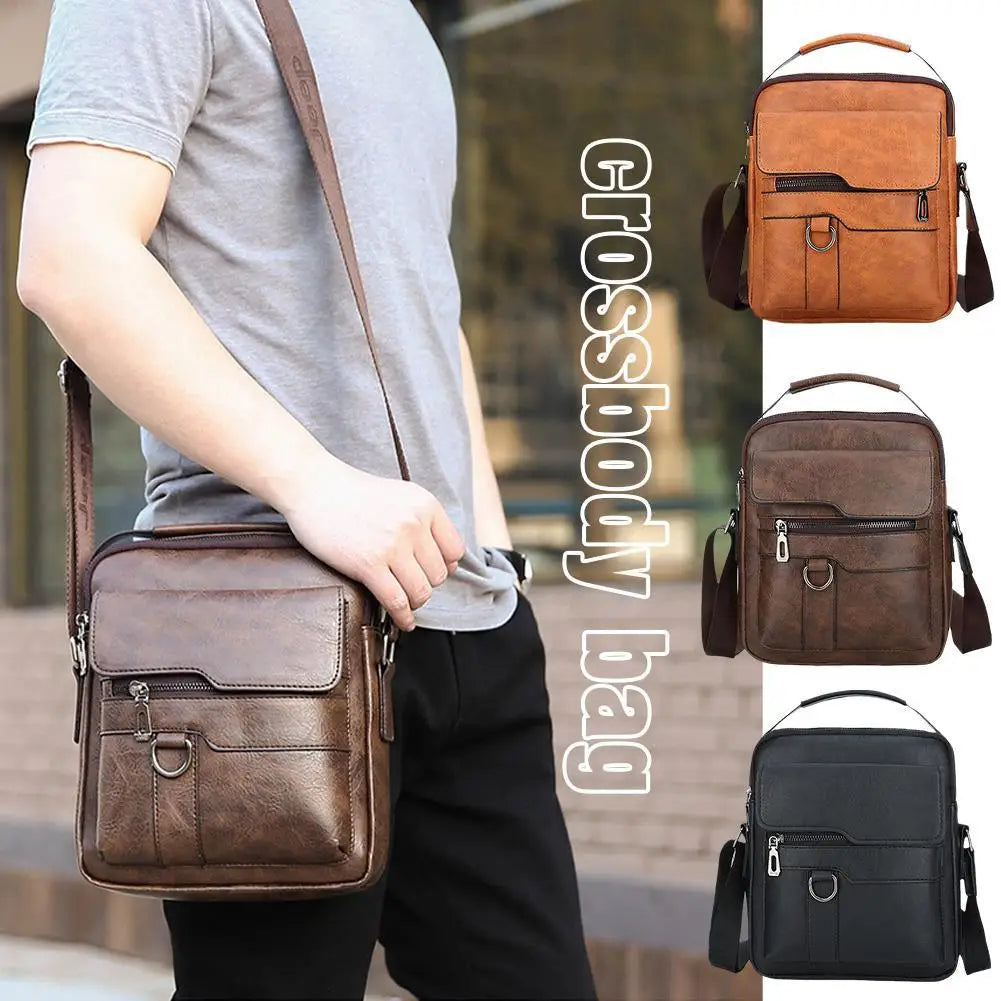 Vintage finish brown leather crossbody bag worn across body demonstrating hands-free convenience
