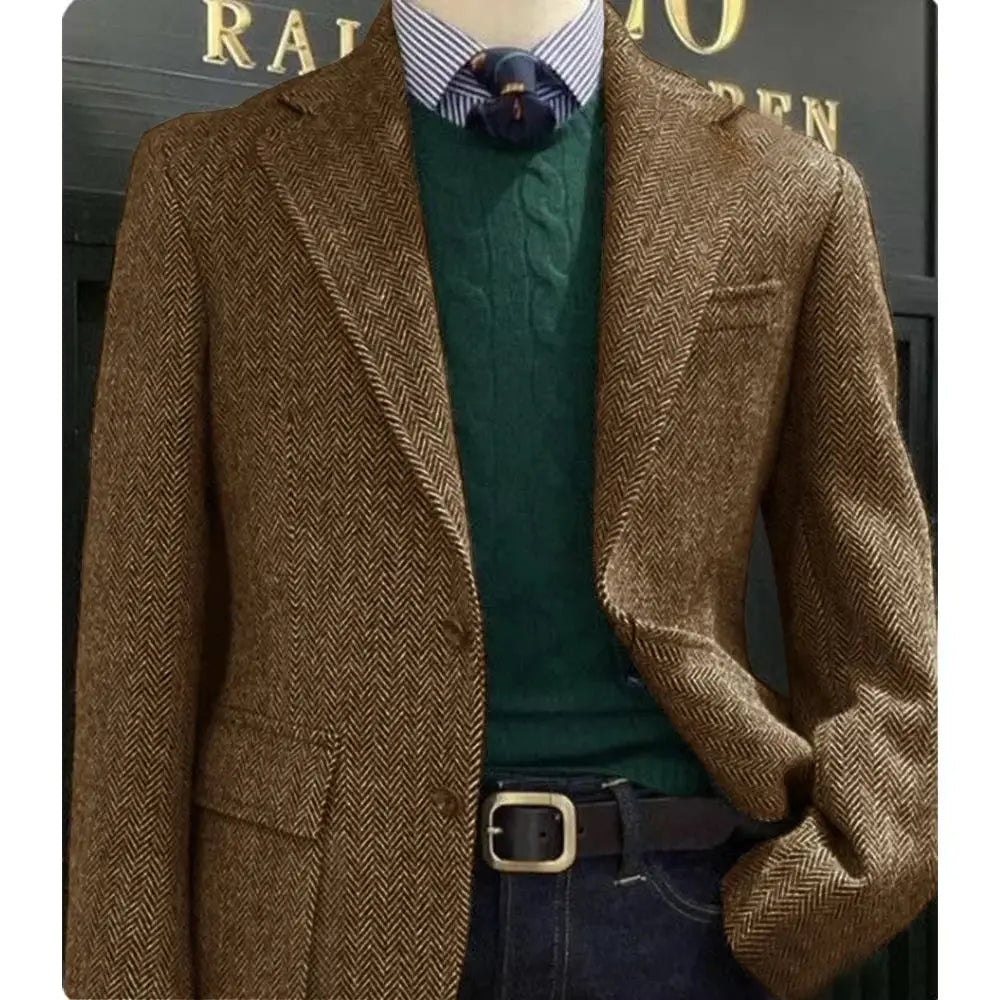 Versatile men's blazer in herringbone, suitable for both meetings and casual events.