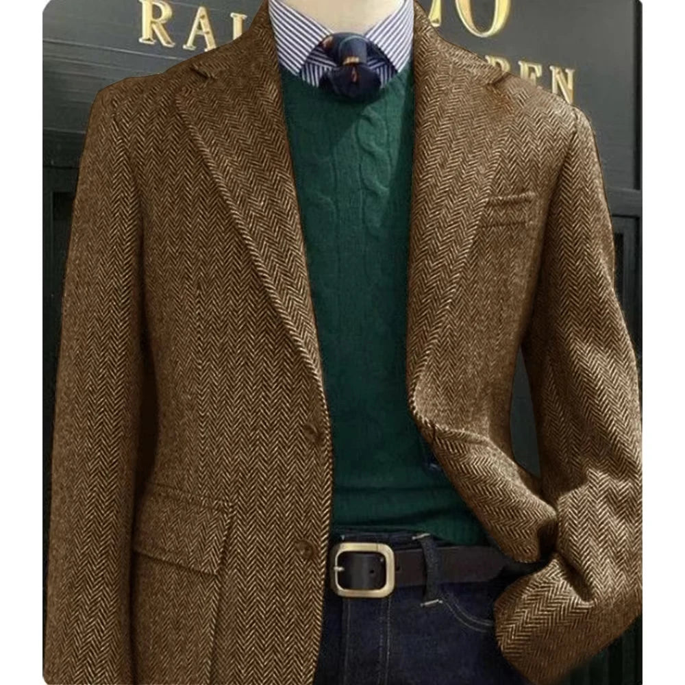 Model wearing tailored herringbone blazer, exuding confidence and style in a professional environment.