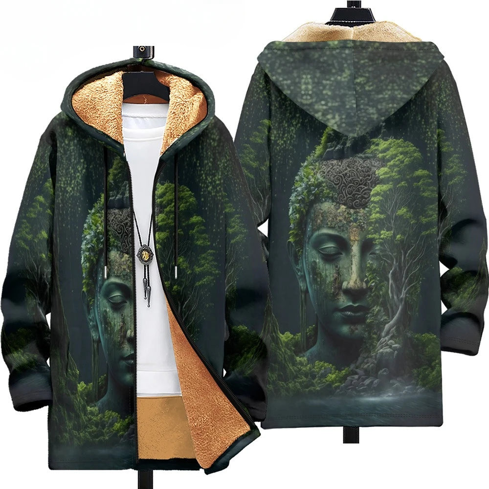 Colorful puffer jacket with hood, abstract design, and plush warmth for winter