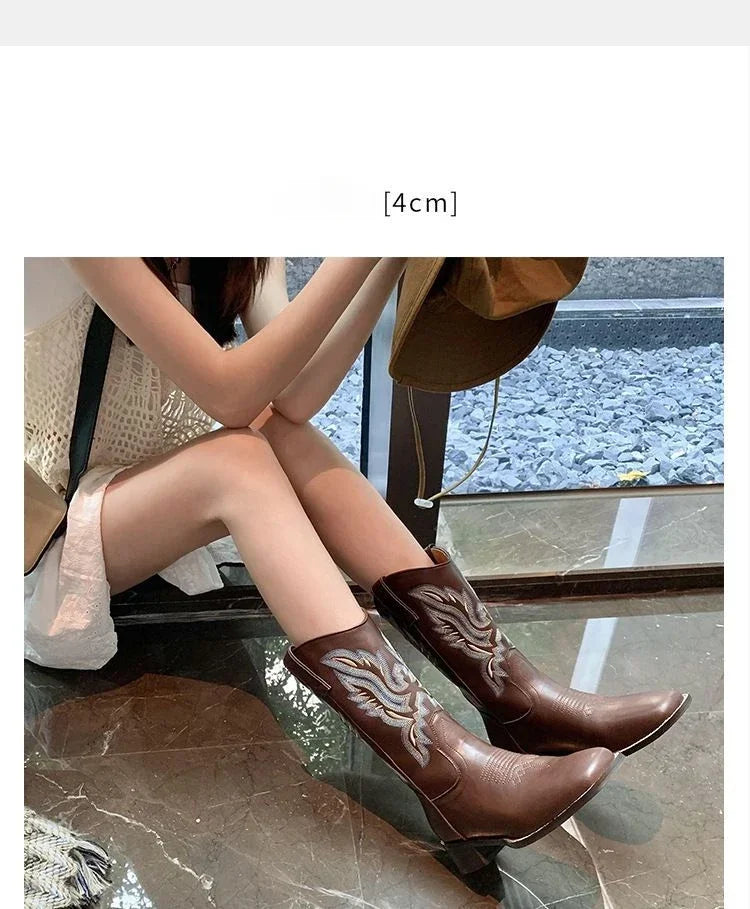 Square toe Western boots featuring detailed embroidery work and durable leather construction