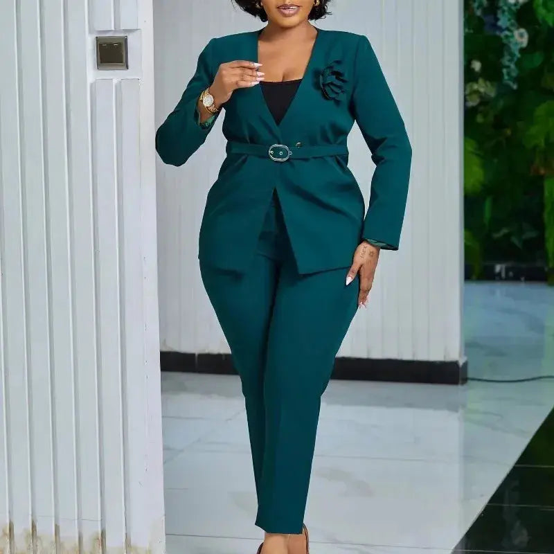 Full view of the blazer and pants set, ideal for power dressing.