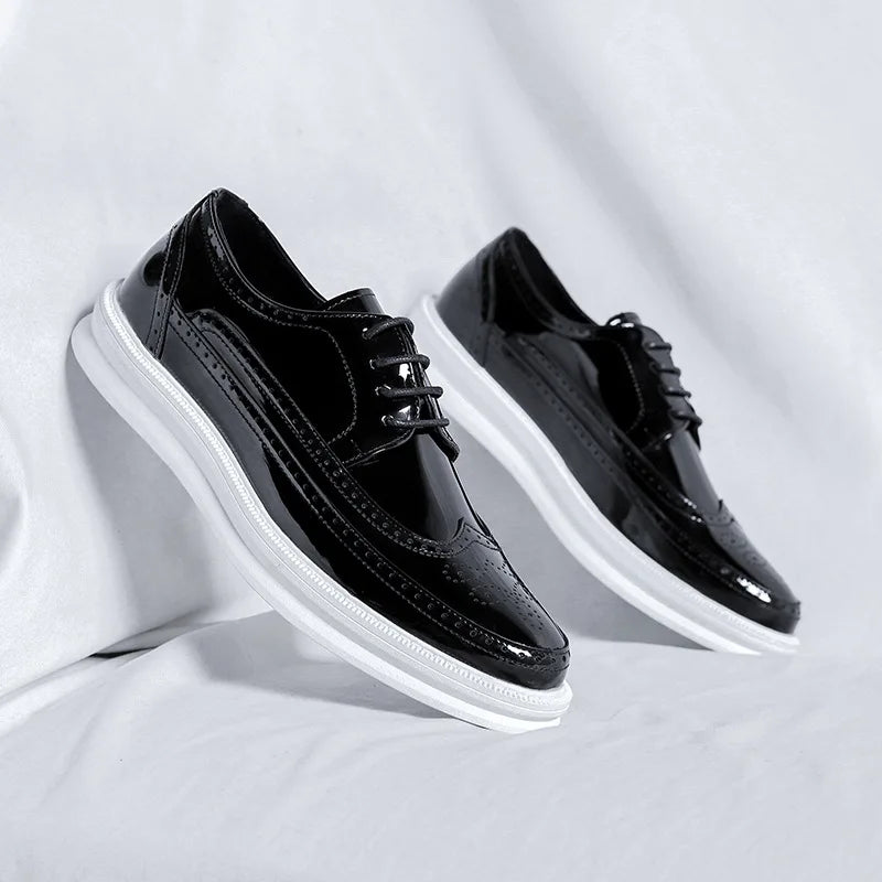 Sophisticated black patent oxford dress shoes with ventilated design and customized fit for spring and fall wear
