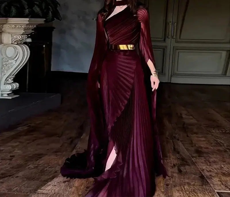 Twilight Cascade gown in a sophisticated setting, perfect for formal wear and galas.