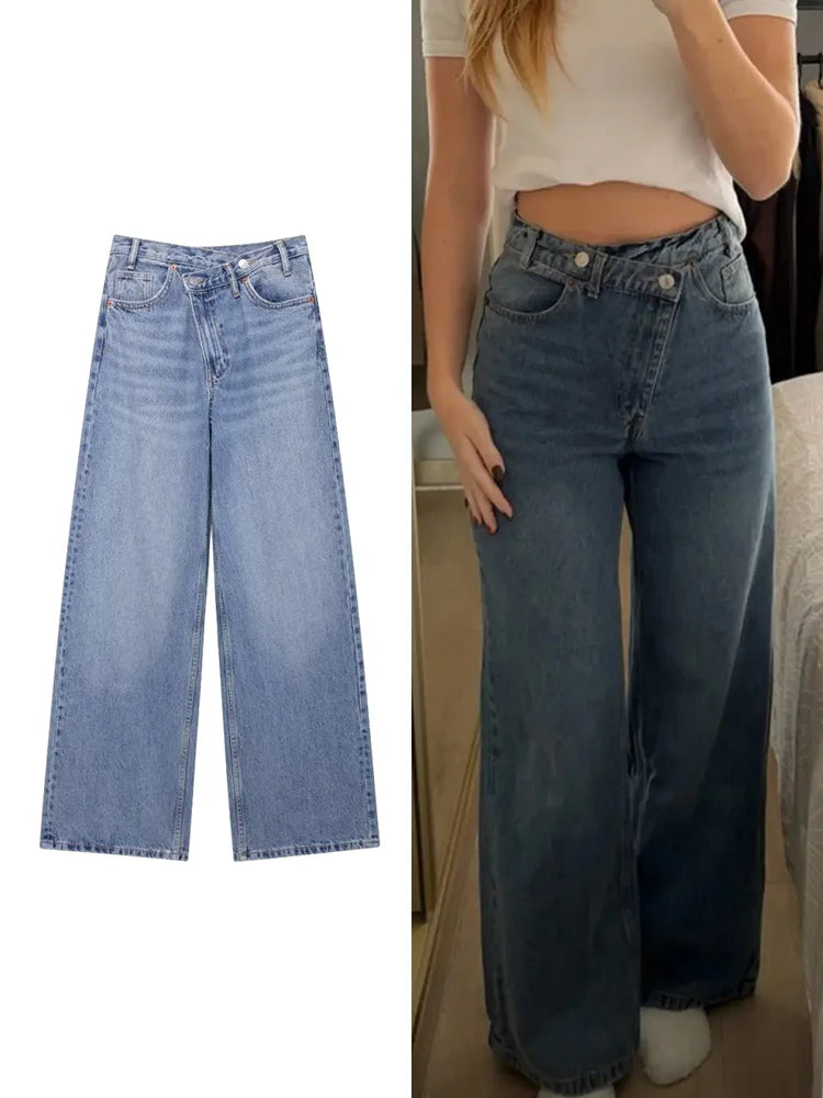 Asymmetric wide-leg jeans in dark denim with high waist and unique button fly.