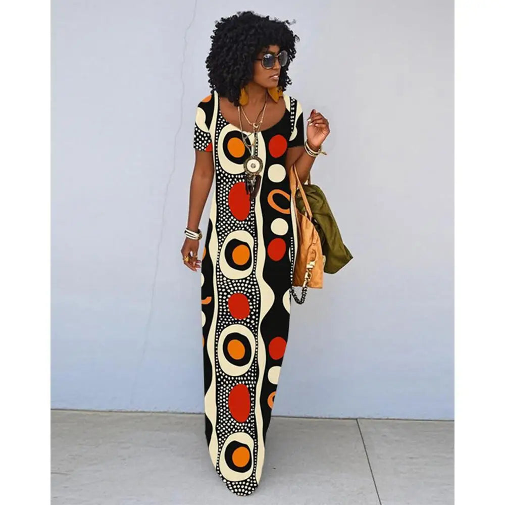 African Ethnic Print Retro Slim Short-Sleeve Long Dress