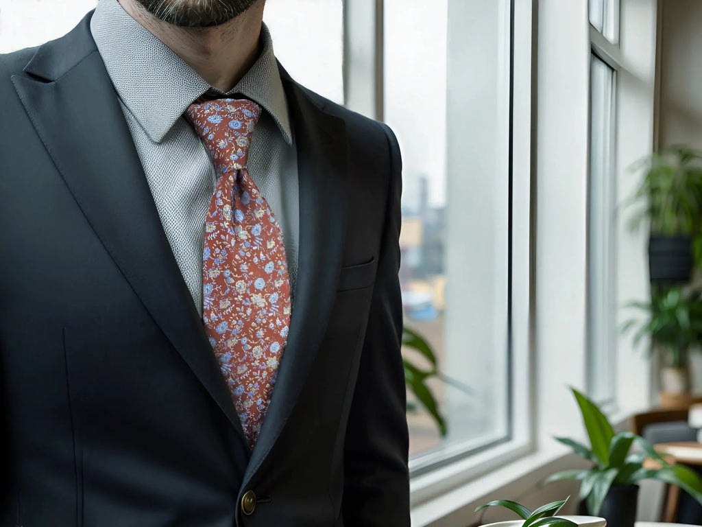 Elegant burgundy tie with intricate jacquard patterns for business attire.