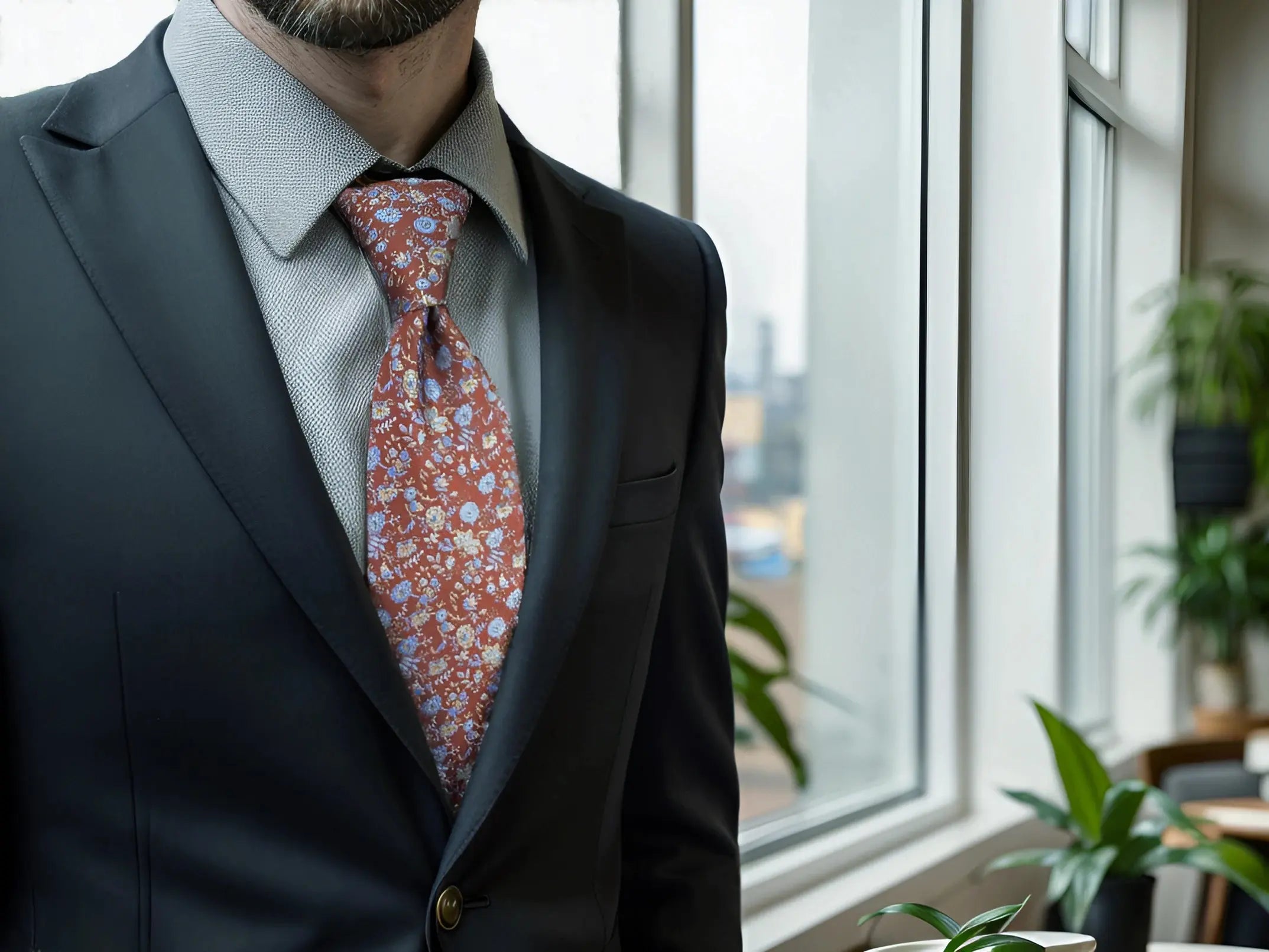 Elegant burgundy tie with intricate jacquard patterns for business attire.