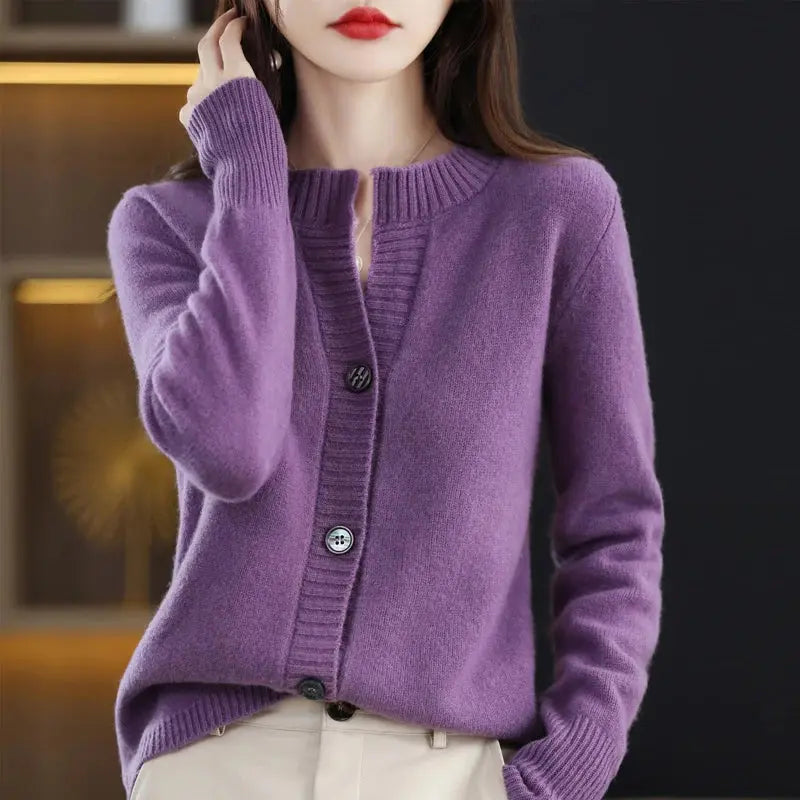 Model wearing the chic cardigan over a casual outfit for winter style.