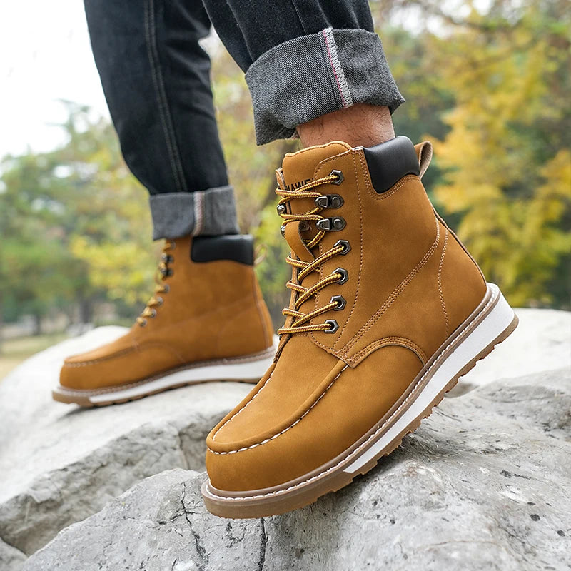 GuardStep Work Boots on a job site, highlighting their all-season durability.