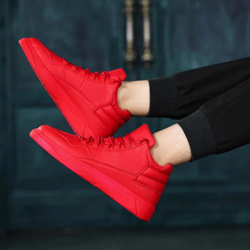 Street Bold premium red leather skateboarding shoes featuring high-top silhouette and durable construction