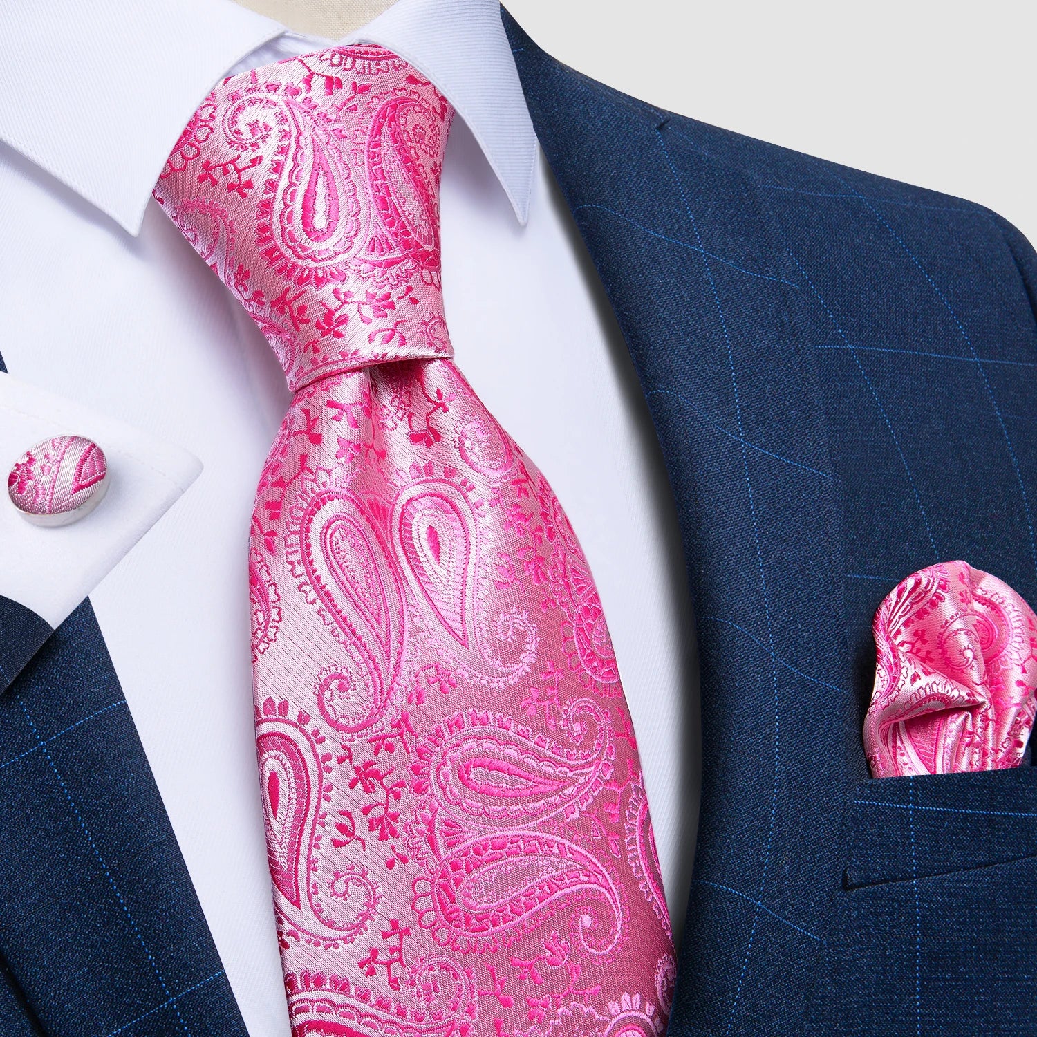 Blue red paisley silk tie with perfectly matched pocket square accessory