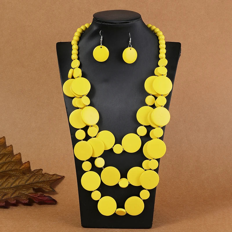 African Wedding Party Wooden Beads Necklace & Earring Jewelry Set