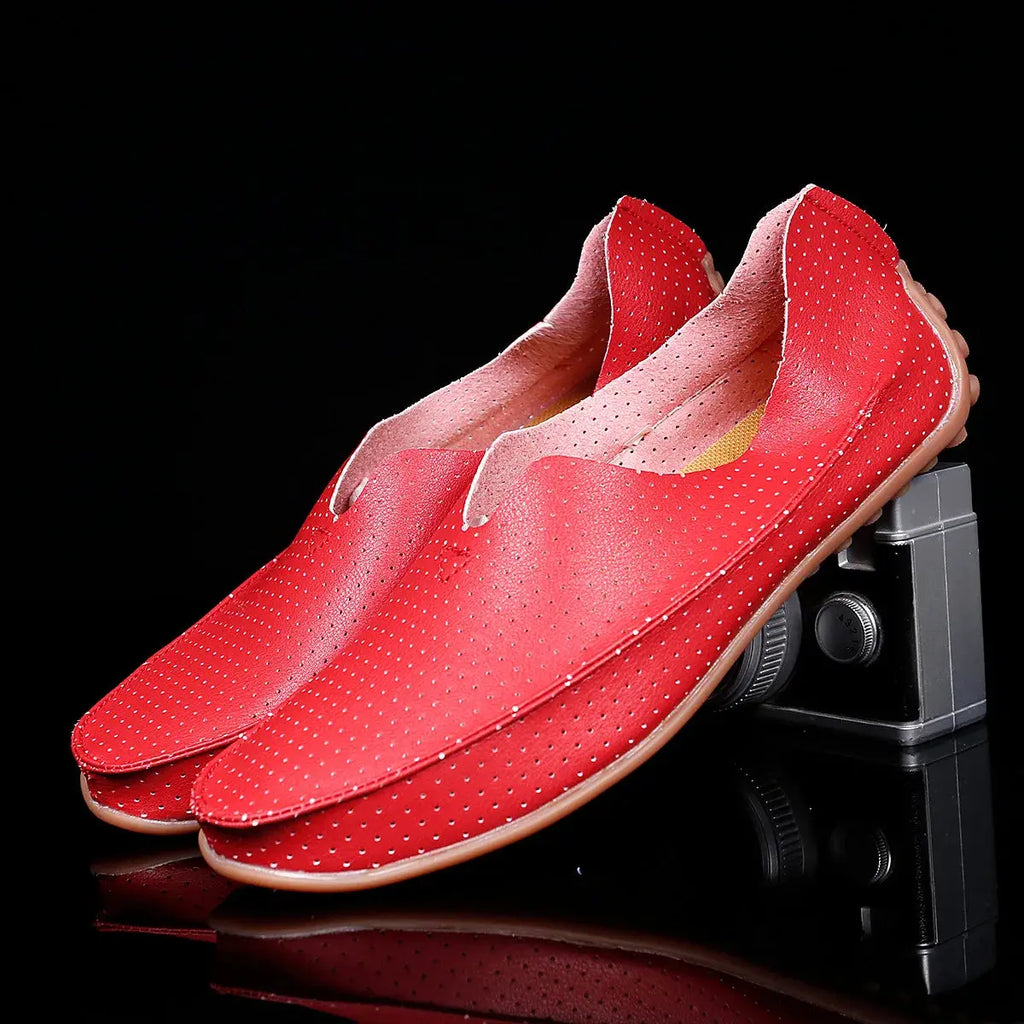 Close-up of breathable leather loafers showcasing soft texture and adaptive fit.