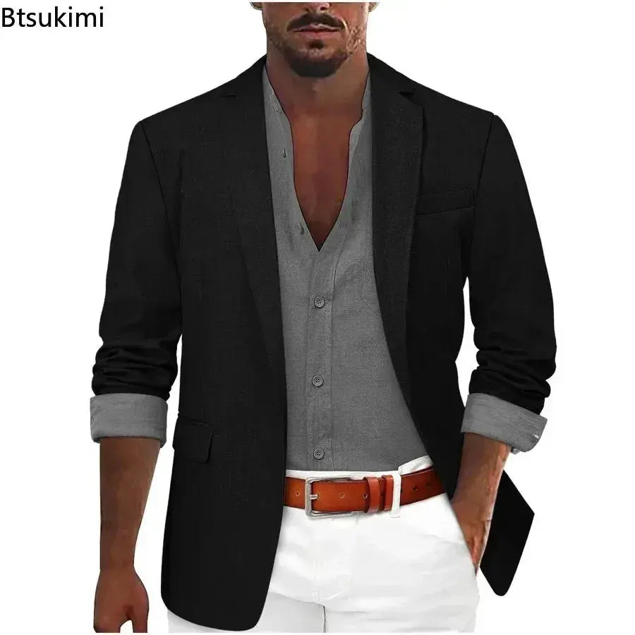 Model wearing tailored business blazer, showcasing streamlined fit.