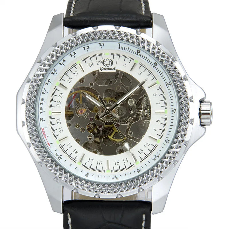 Elegant stainless steel skeleton watch showcasing meticulous craftsmanship.