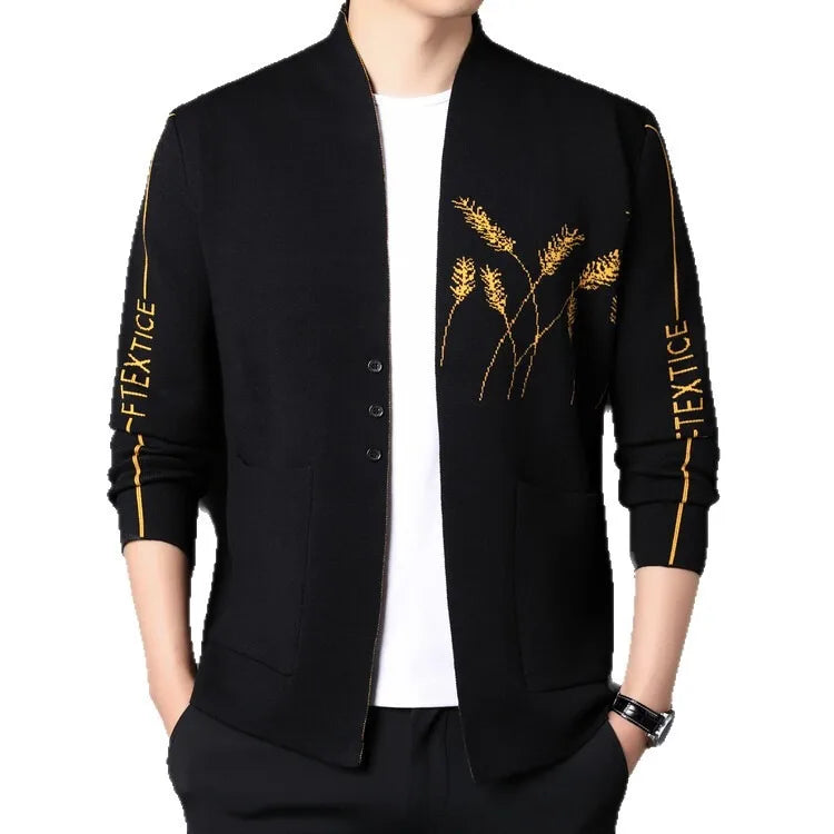 Back view of the cardigan showcasing its robust knit design and fit.