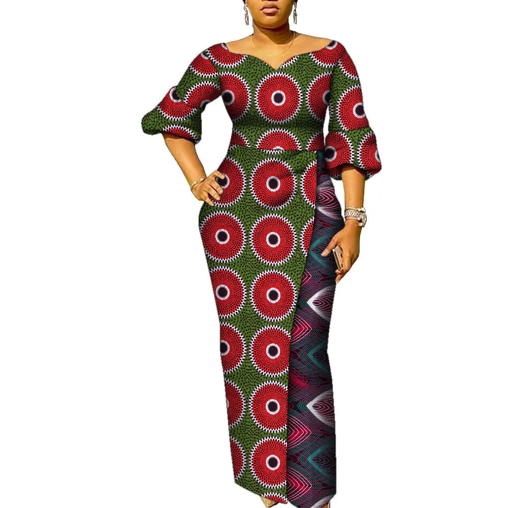 African Dresses for Women Patchwork Ankara Dress Lantern Sleeves Maxi Dress Women Party Dress Lady African Clothes WY9937